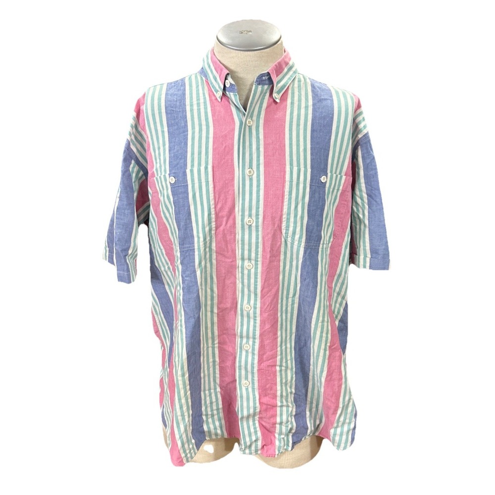 Boulevard Sport XLT 17 17.5 Tall Mens Vintage Striped SS Shirt Pink Blue